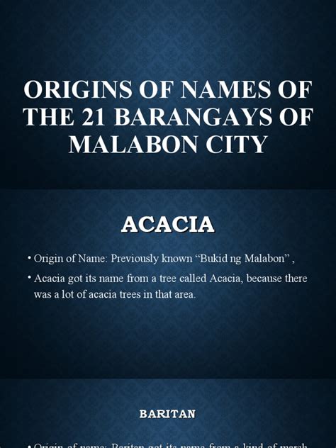 Origins of Names of The 21 Barangays of Malabon .